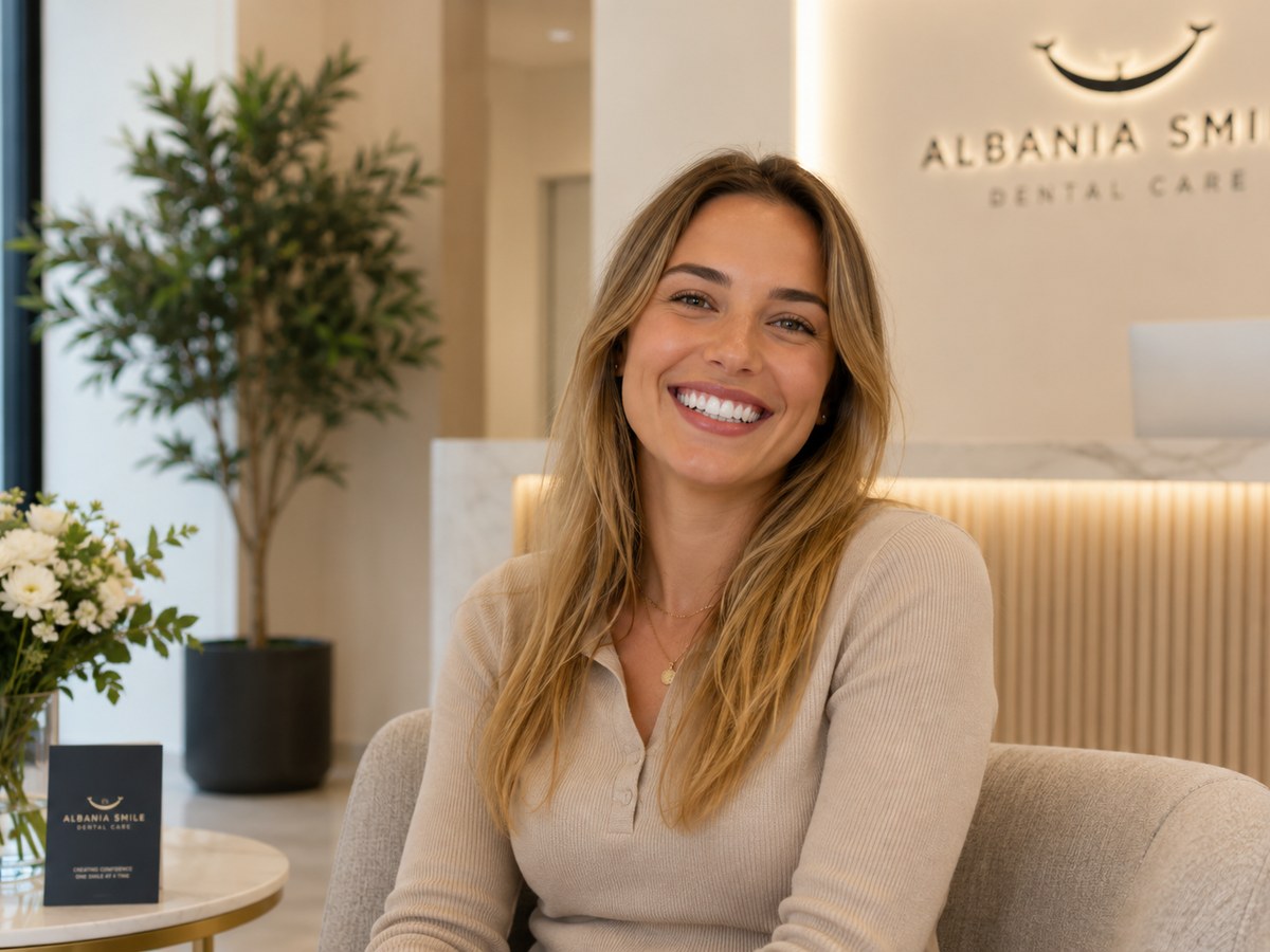 Patient smiling at Albania Smile Dental Care